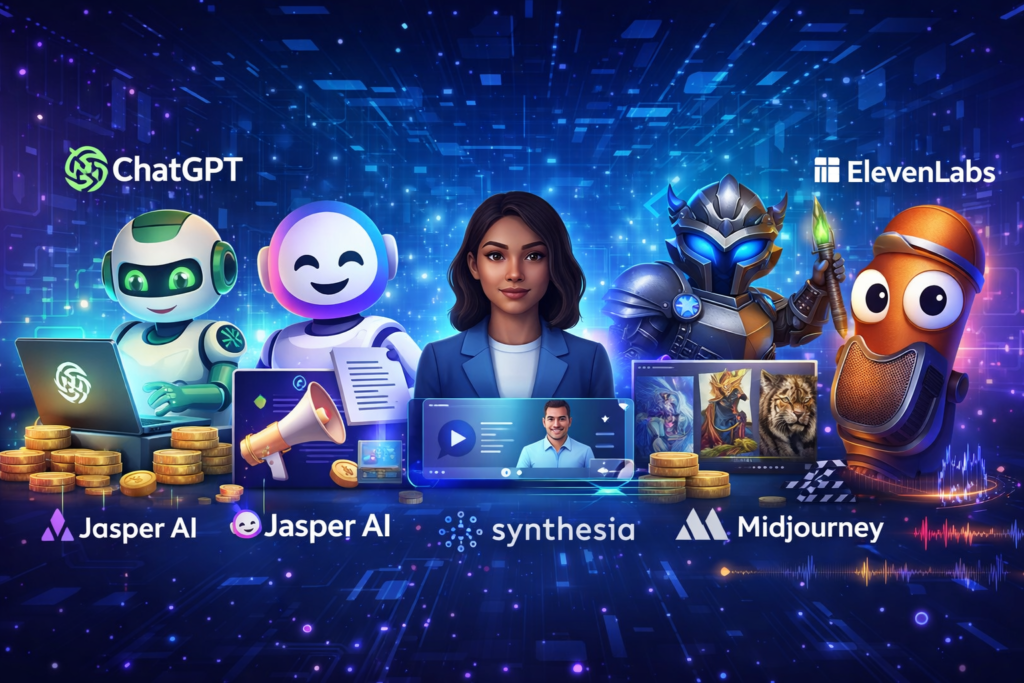ChatGPT, Jasper AI, Synthesia, Midjourney, and ElevenLabs