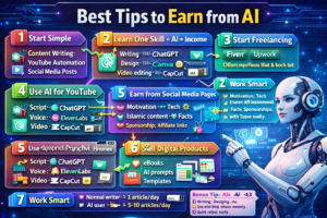 AI earning tips infographic with robot
