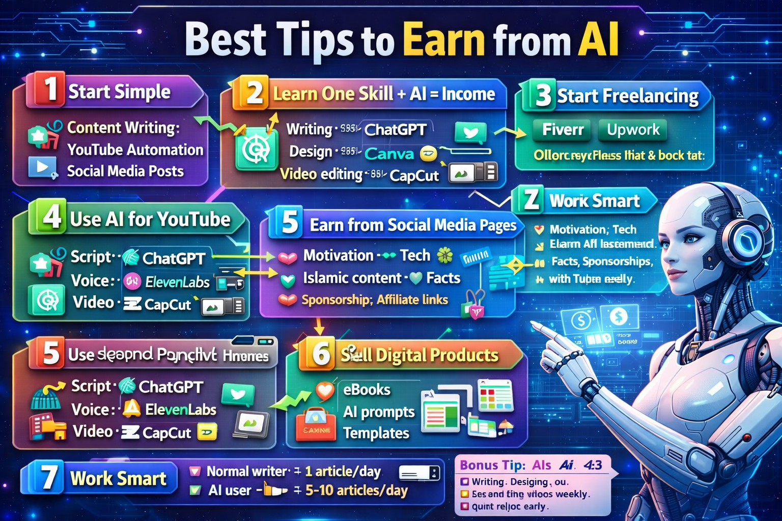 AI earning tips infographic with robot